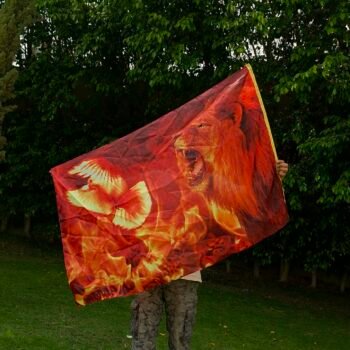 Fiery Lion Worship Flag – Joy & Power, Lion of Judah, Prophetic Silk Banner