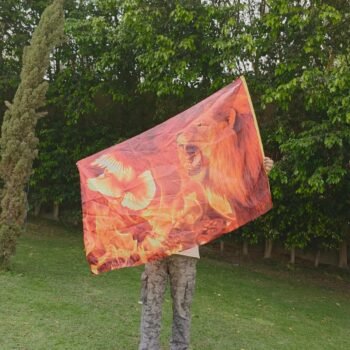 Fiery Lion Worship Flag – Joy & Power, Lion of Judah, Prophetic Silk Banner